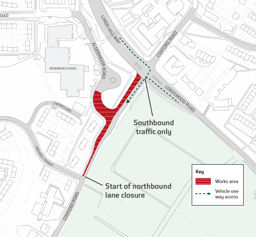 Map of works area at Coxford Road/Lord's Hill Way junction, including road closure of Coxford Road northbound from Greywell Avenue to Lord's Hill Way/Lordswood Road.