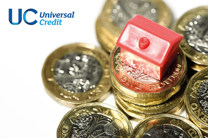 Stack of pound coins with a house-shaped model on top of them. Universal credit logo