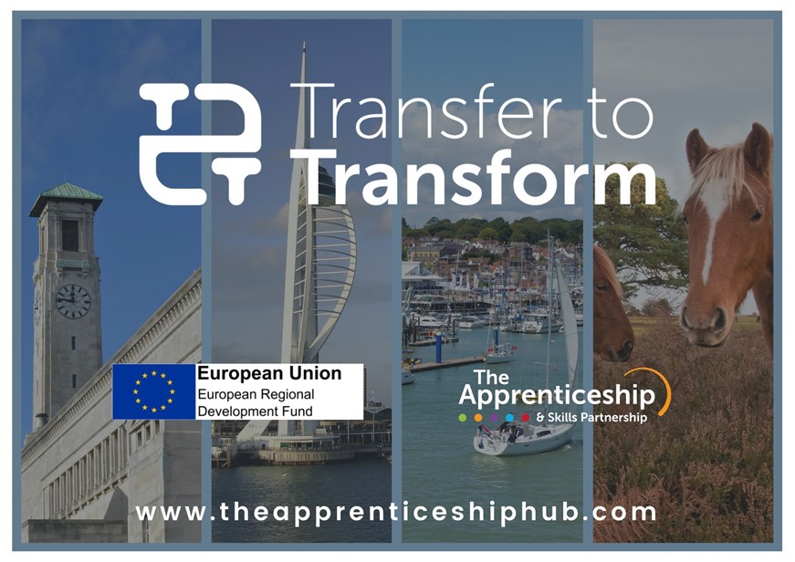 The image shows Southampton Civic Centre and Clock Tower, Spinnaker Tower in Portsmouth, a marina on the Isle of Wight and ponies in the New Forest. The information displayed says: Transfer to Transform, European Union European Regional Development Fund, The Apprenticeship Hub & Skills Partnership and www.theapprenticeshiphub.com