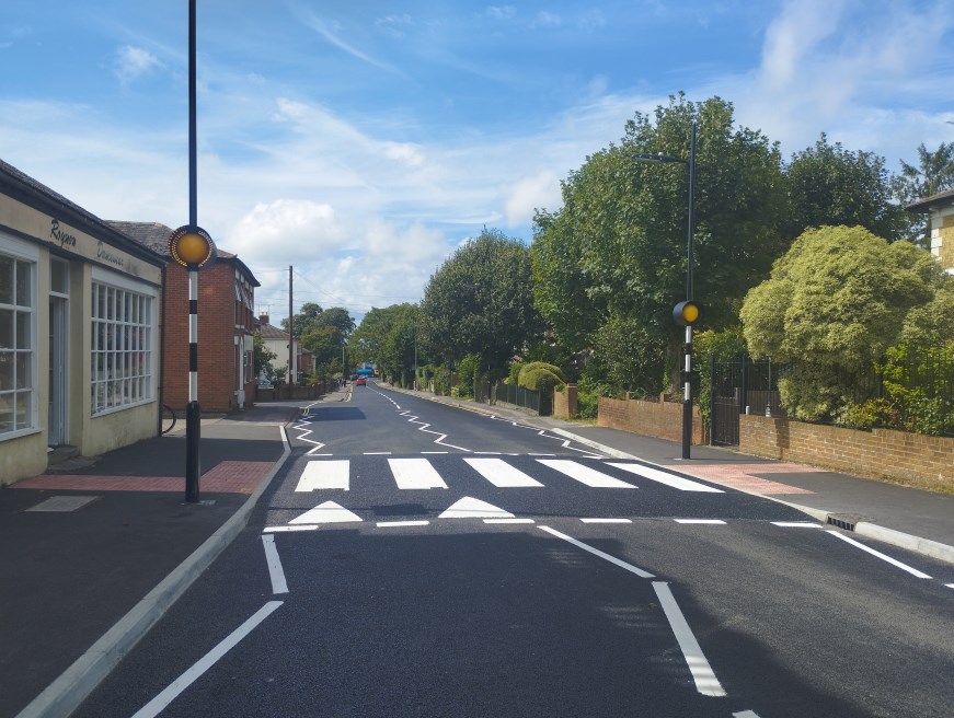 One of the new zebra crossings on Obelisk Road that have been installed as part of the Woolston and Itchen Active Travel Zone