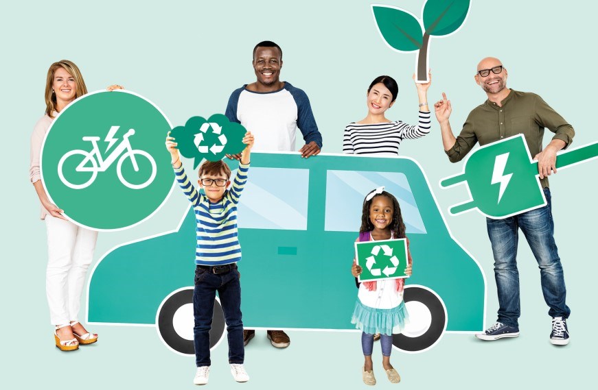 Various people of different ages around an illustration of a car with recycling and energy symbols