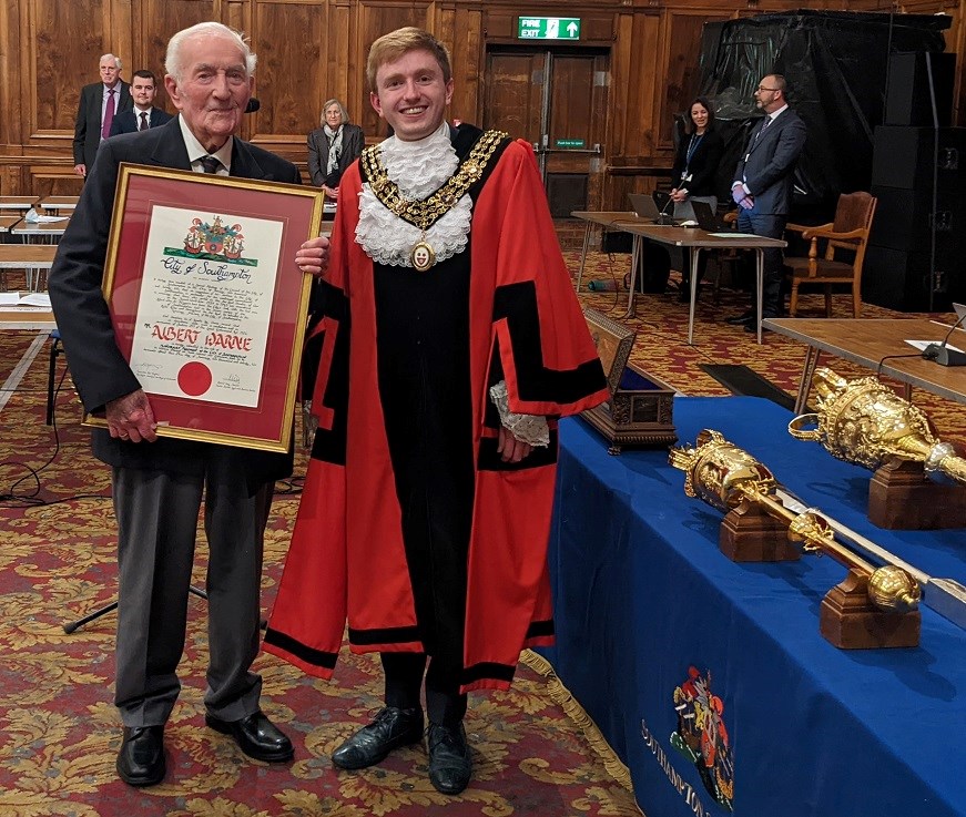 Albert Warne being presented with Freedom of the City award by The Right Worshipful Mayor of Southampton, Councillor Alex Houghton