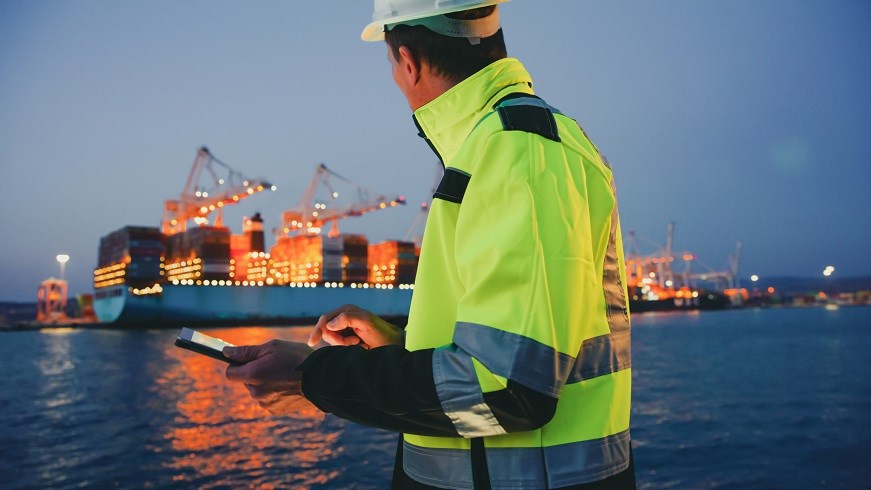 Port worker looking at container ship at twilight