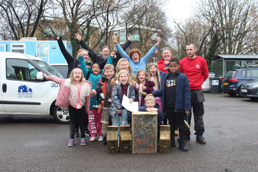 Junior wardens with bird boxes