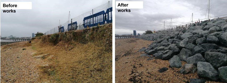 Weston Shore before and after construction of rock armour revetment