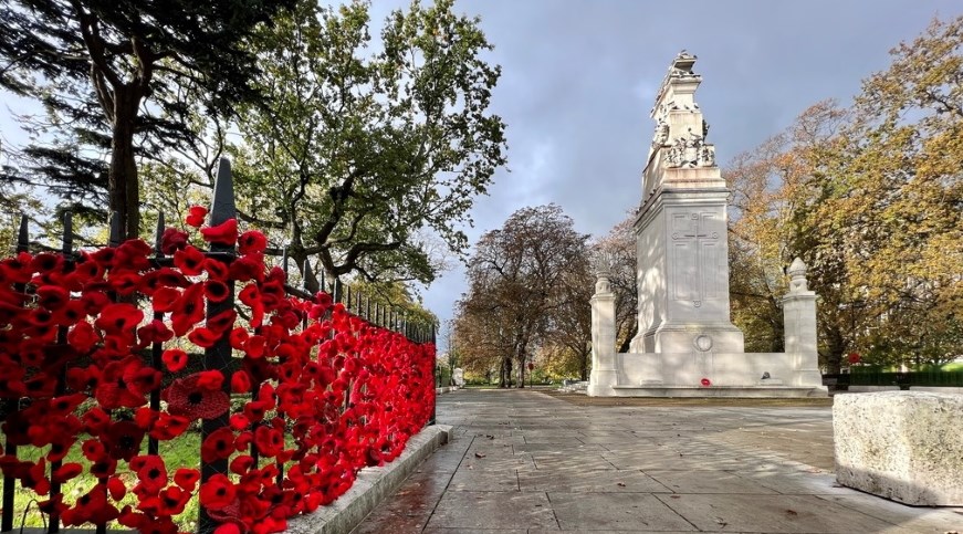 Knitted poppies at the cenotaph in Watts park