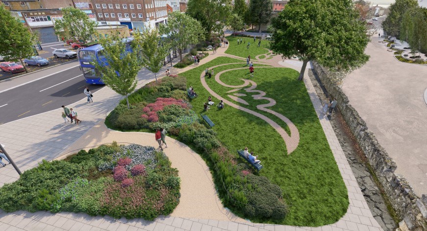 CGI of the urban park at Albion Place Bus Hub