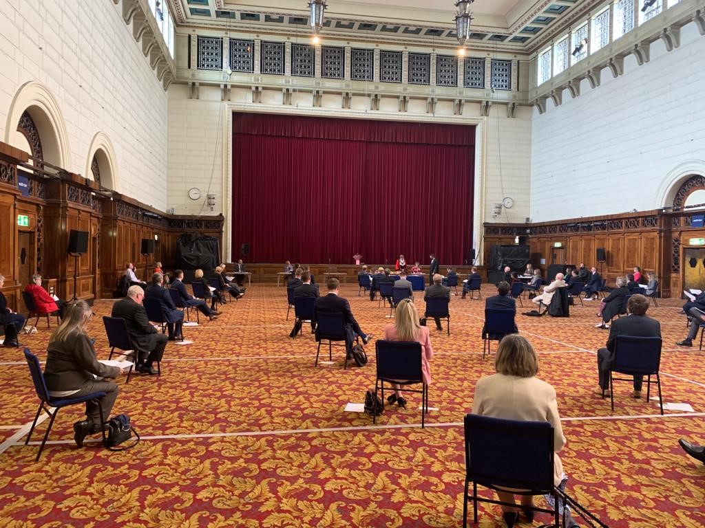 Attendees of the Southampton City Council 2021 annual general meeting, sitting in the guildhall, observing social distancing. Attendees of the Southampton City Council 2021 annual general meeting, sitting in the guildhall, observing social distancing.