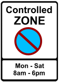 Controlled parking zone sign indicating when on-street parking is not permitted.