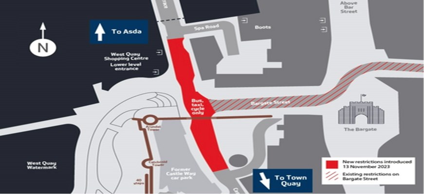 A map of the changes to Portland Terrace highlighting new restrictions that apply between the junction with Spa Road and the unnamed road that intersects with Castle Way just before the junction with Albion Place.
