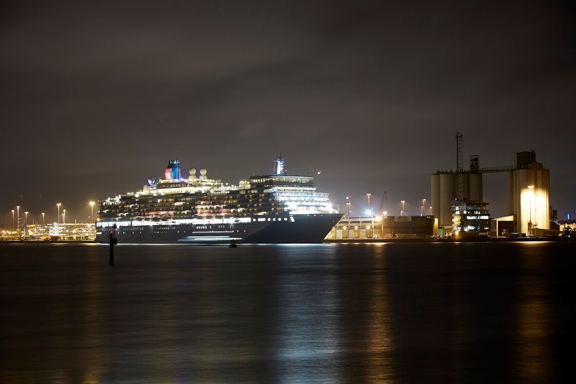 Cruise ship at port at night