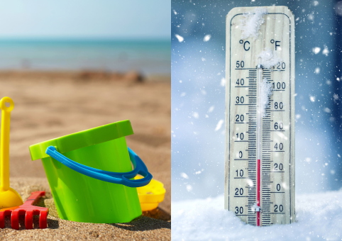 A split image of a beach and a thermometer in the snow
