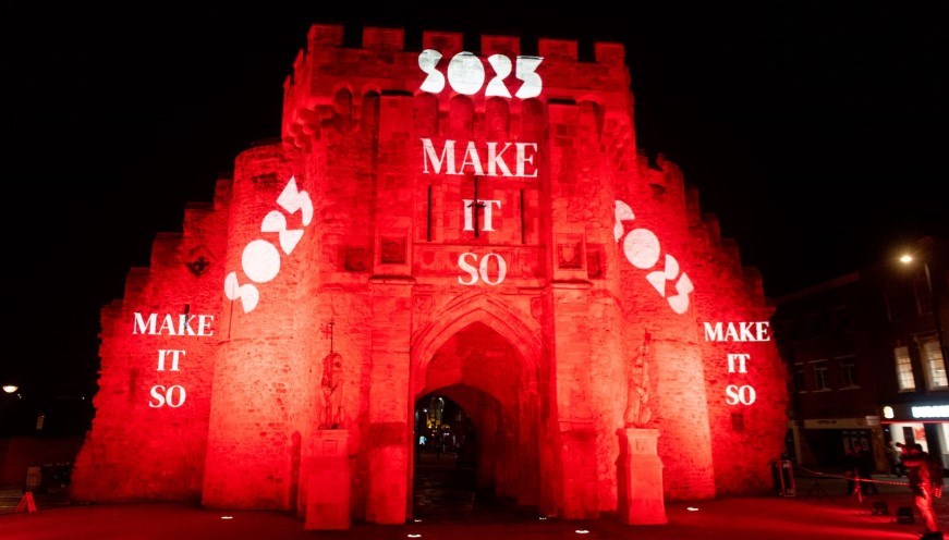 Bargate lit with Southampton City of Culture bid graphics