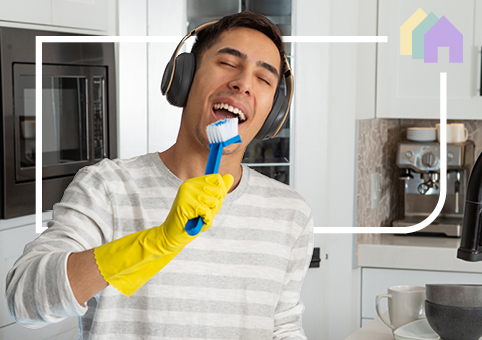 Young person singing into a dish brush