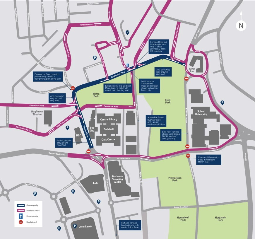 Map of the roadworks showing an anticlockwise one-way system on Cumberland Place and Havelock Road running from Jurys Inn to the Civic Centre. Numerous diversions are also in place.