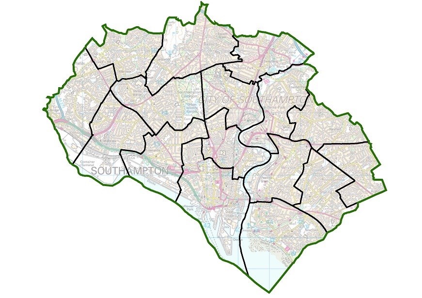 A small map showing the boundaries of Southampton with the city sub-divided into smaller segments