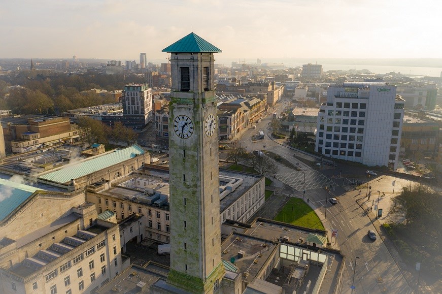 Ariel view of Southampton, with the Civic Centre clock tower as the focus of the image