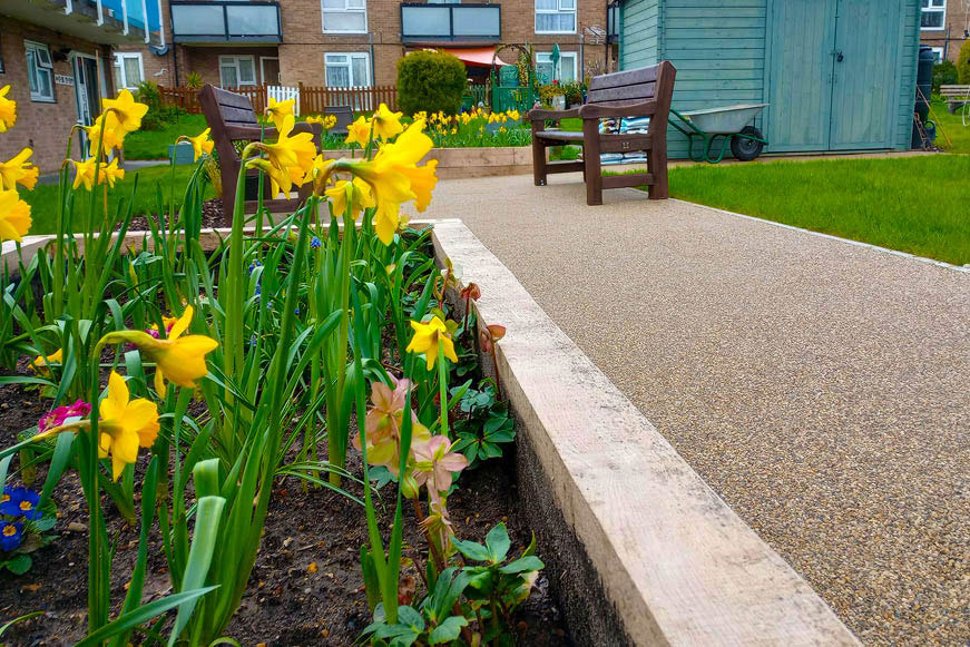 Daffodils blooming in a flowerbed beside a neat path and lawn