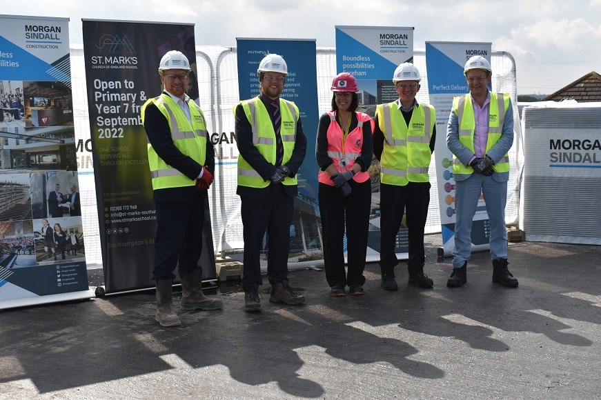 Topping out ceremony at St Mark's C of E School with Clifford Kinch, Cllr James Baillie, Stephanie Bryant, Robert Sanders and Cllr Daniel Fitzhenry