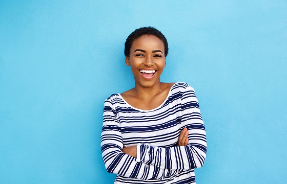 A woman on a blue background