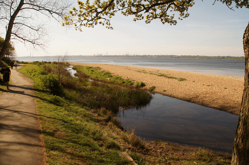 The view from Weston Shore showing a footpath, the grass and pebble shore and the water