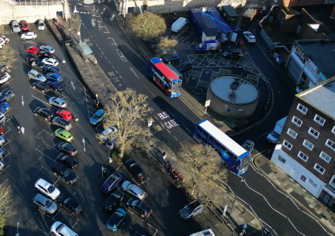 An aerial view of Portland Terrace showing "bus gate" painted on the road