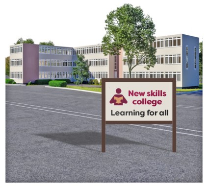 College building with sign saying 'New skills college learning for all'
