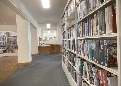 Library books on shelves