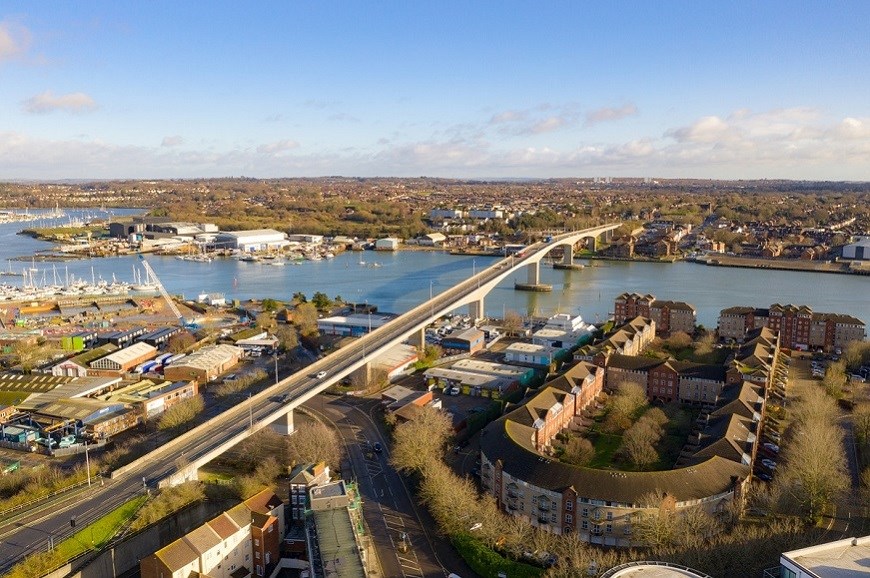 An aerial photo of the Itchen Bridge from above the Solent Sky Museum looking across the River Itchen toward Peartree Green