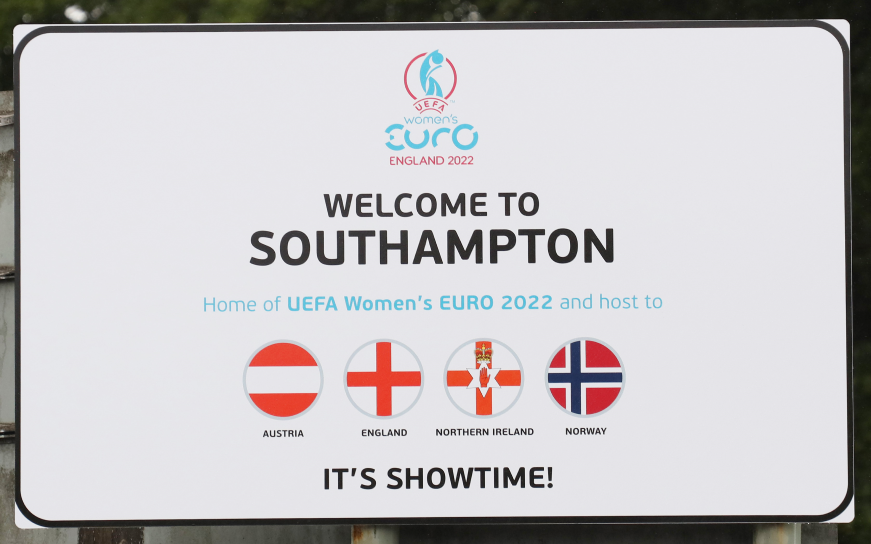 Women's EURO 2022 sign. Welcome to Southampton. Home of UEFA Women's EURO 2022 and host to Austria, England, Northern Ireland and Norway. It's showtime!