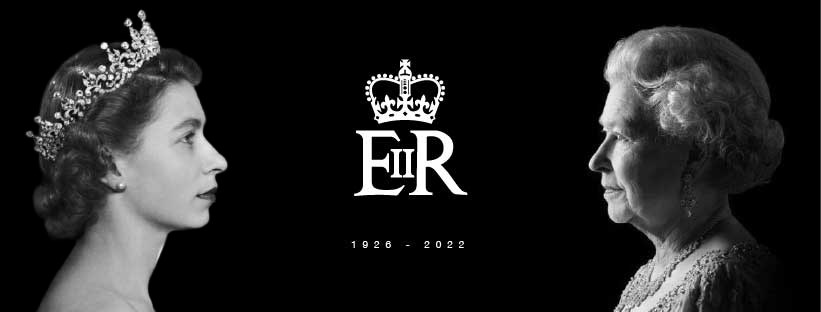 Two images of Queen Elizabeth the second, the first younger and the second older. A logo with a crown, ER 2 and  1926-2022.