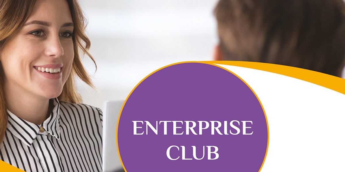 Image Of Woman Smiling Next To The Words Enterprise Club