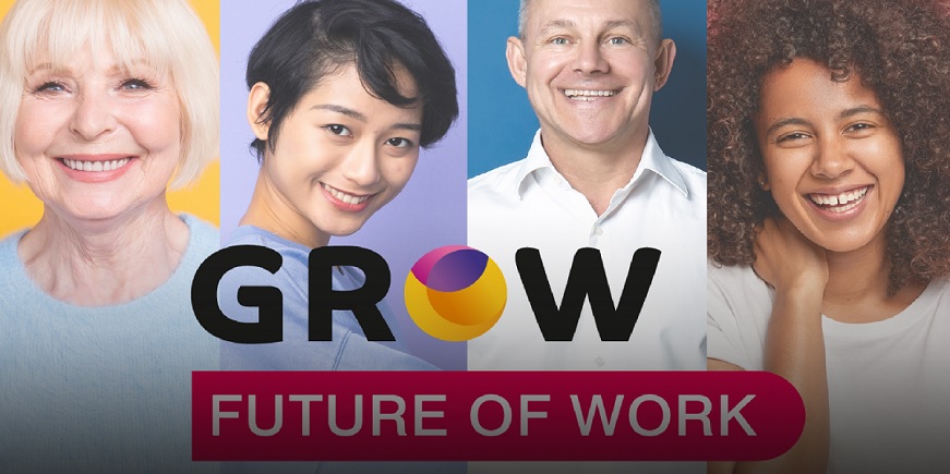 Image of people with Grow: Future of Work text Image of people with Grow: Future of Work text
