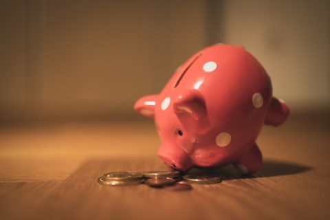 A piggy bank and some coins