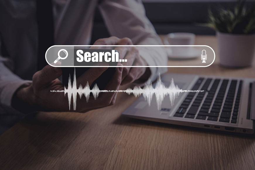 Someone using a smartphone with an overlay showing a search bar and a waveform Someone using a smartphone with an overlay showing a search bar and a waveform