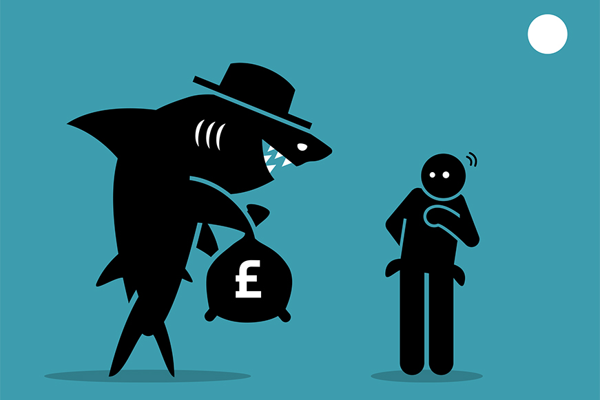 Illustration Of Shark With A Bag Of Money And A Person Emptying Pockets