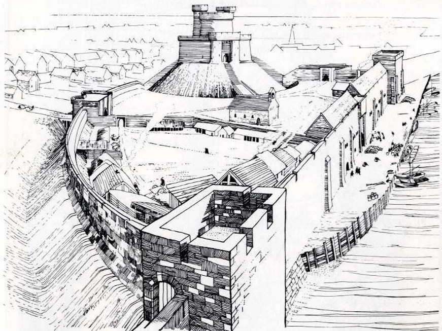 A drawing of Southampton Castle showing a keep on an earthen mound within walls. The walls are surrounded by a ditch on one side. There are buildings within the walls and a large settlement (Southampton) in the background