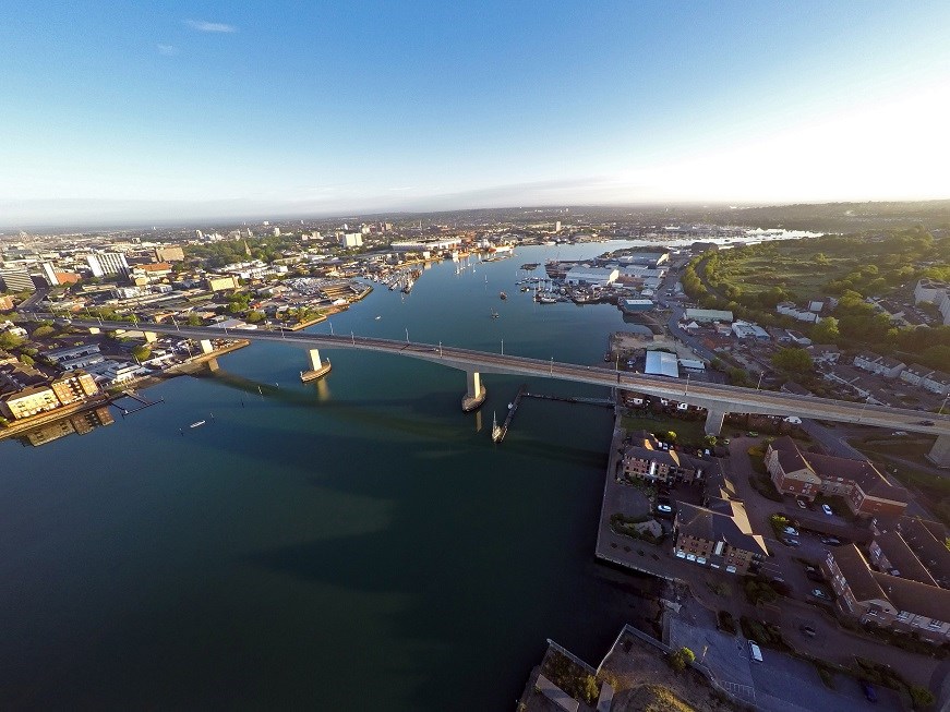 An aerial image of the Itchen Bridge from the south, above Woolston.
