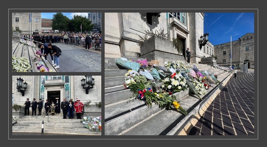 Several pictures showing flowers on the steps of Southampton Civic Centre and the City Proclamation of King Charles the third