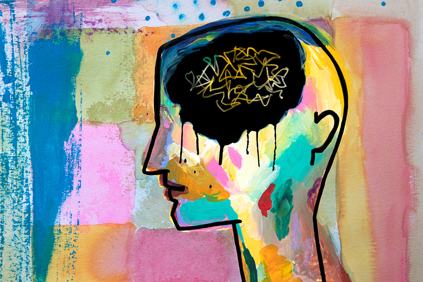 Artistic image of a person's head. Their brain is like tangled string Artistic image of a person's head. Their brain is like tangled string