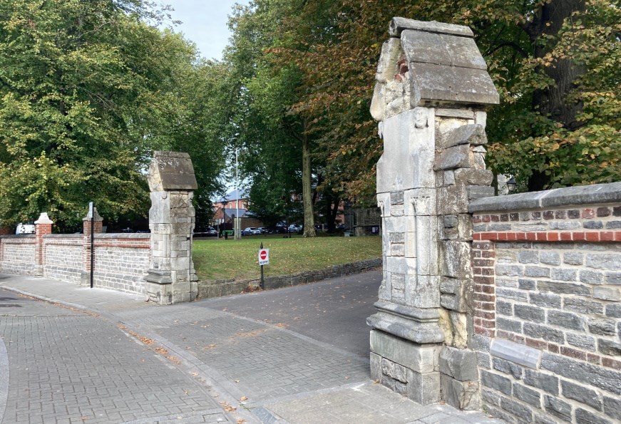 The  driveway to St Mary's Church with the repaired wall and pillars in view