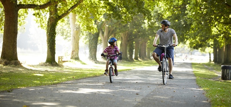Adult and child on bicycles
