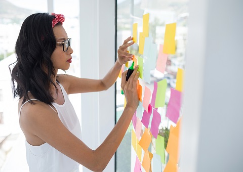 A businesswoman putting up sticky notes on glass
