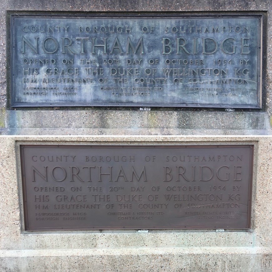 Photo of Northam Bridge plaque, before and after cleaning