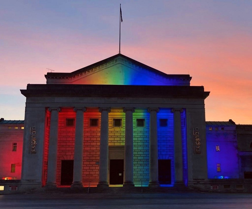 Southampton Guildhall lit up with rainbow lights