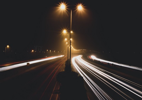 Streetlights and car headlights at night