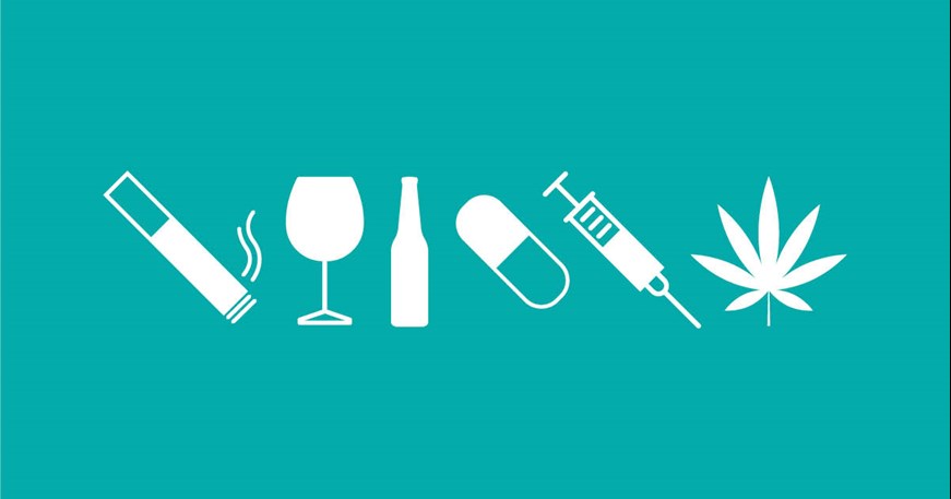 Icons of a cigarette, wine glass, bottle, pill, syringe and cannabis.