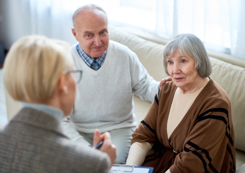 Elderly couple talking to expert