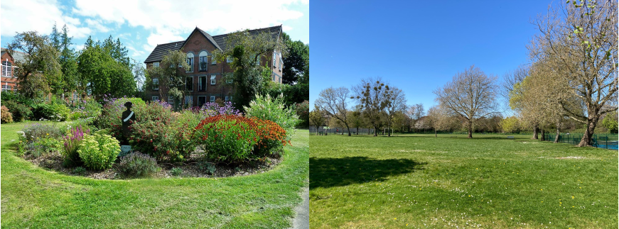 Two pictures of Portswood rec park, one of a garden and some buildings, the other showing an open space with some trees and clear skies.