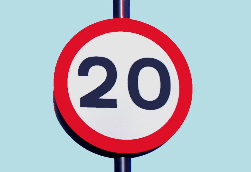 A sign indicating a 20 mile per hour speed limit